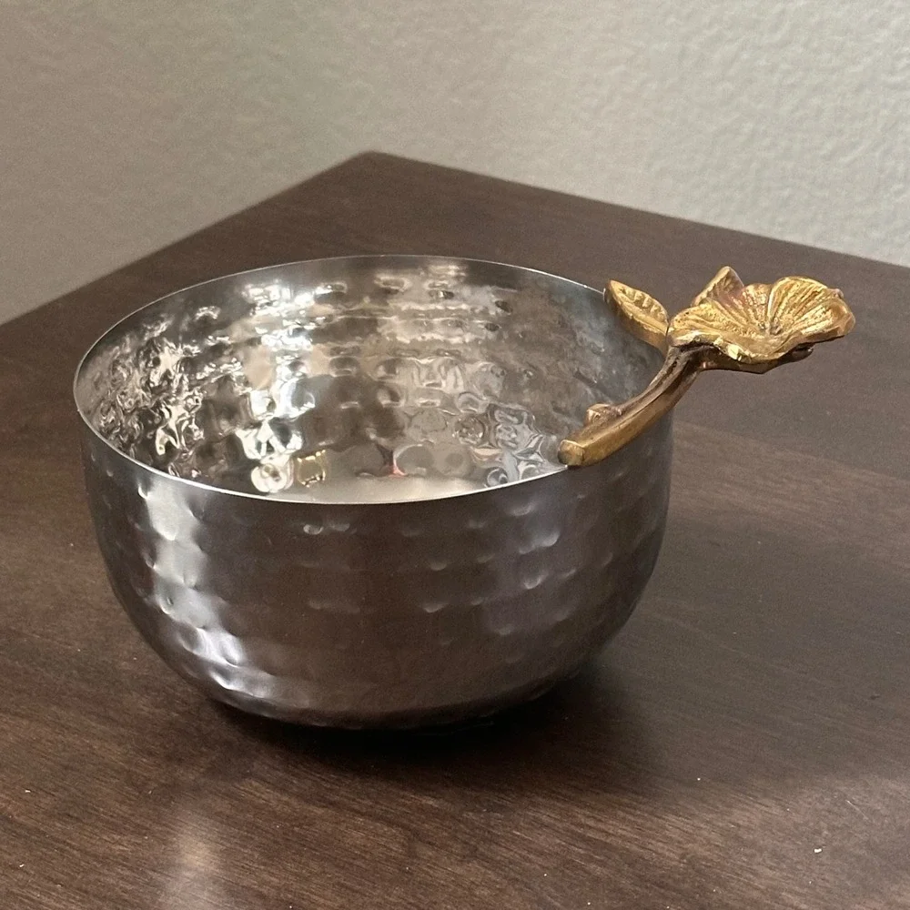 Hammered Silver Tone Metal Bowl with Gold Tone Flower Handle Made in India